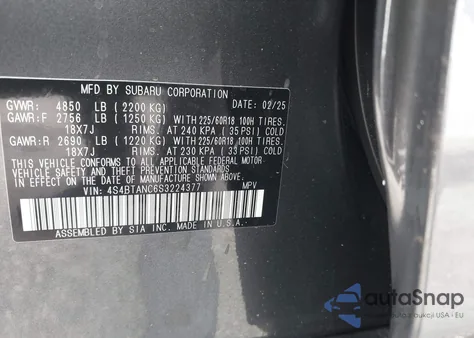 2025 Subaru Outback Limited from USA, damaged, VIN 4S4BTANC6S3224377